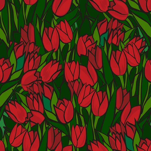 Tulipani primaverili colorati con bordo scuro su sfondo verde motivo floreale senza cuciture — Vettoriale Stock