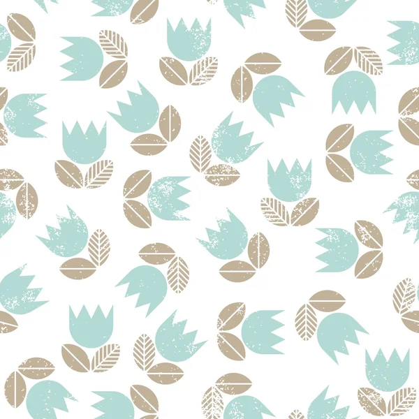 Tulipanes azules retro con hojas beige prado desordenado sobre fondo blanco patrón de primavera verano sin costuras — Vector de stock