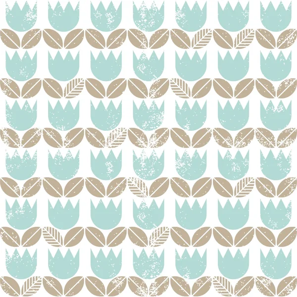 Retro blue tulips with beige leaves in rows on white background seamless spring summer pattern — Stock Vector