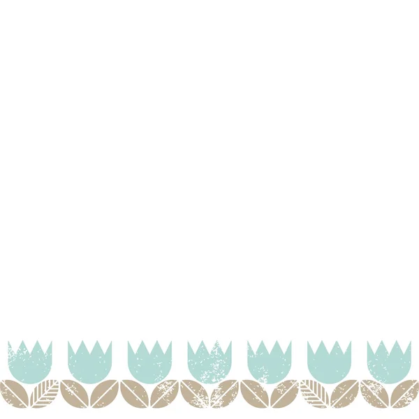 Tulipanes azules retro con hojas beige sobre fondo blanco sin costuras primavera verano una fila inferior borde horizontal — Archivo Imágenes Vectoriales