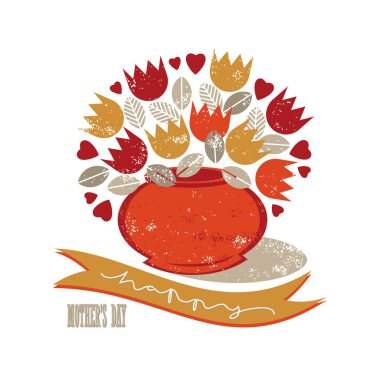 Retro Kırmızı Turuncu Sarı laleler bej yaprakları ve beyaz zemin üzerine portakal vazoda kırmızı kalpler ile anneler günü kartı istiyor