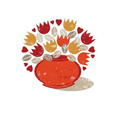 bej renkli yaprakları ve beyaz arka plan bahar yaz çiçeği kutlama kartı centerpiece olarak turuncu vazo içinde kırmızı kalpler ile Retro Kırmızı Turuncu Sarı laleler