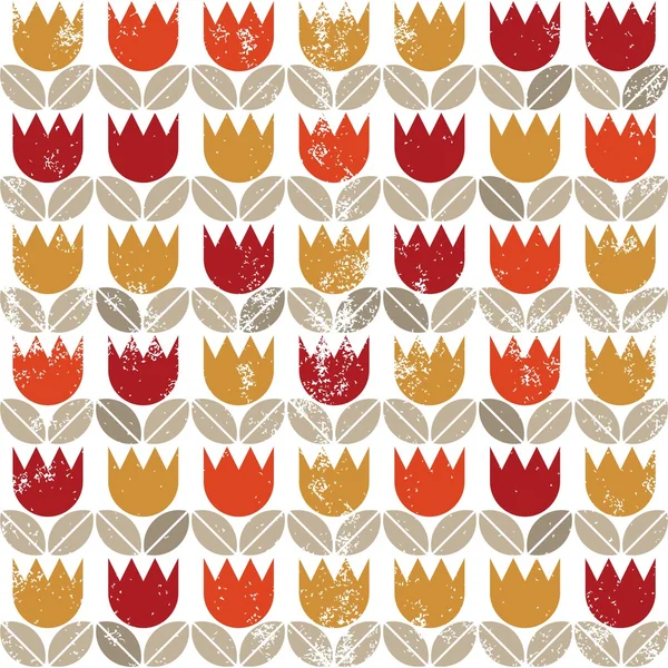 Retro red orange yellow tulips and brown beige leaves on white grunge background seamless pattern — Stock Vector