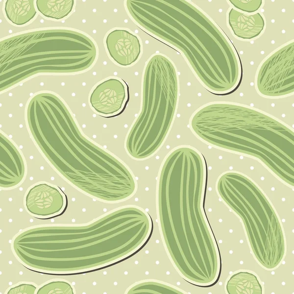 Retro hele komkommers en segmenten op polka dots met beige achtergrond plantaardige naadloze patroon — Stockvector
