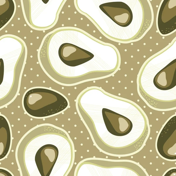 Retro avocados and seeds on polka dots with brown background vegetable seamless pattern — Stock Vector