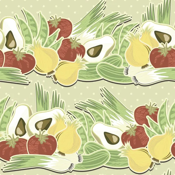 Ganze Zwiebeln Lauch Tomaten Gurken grüne Bohnen und die Hälfte der Avocado horizontal auf Tupfen auf beigem Hintergrund Retro-Gemüse nahtlose Muster — Stockvektor