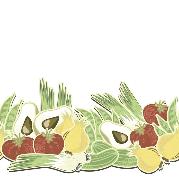 Retro illustrazione vegetale cipolle intere porri pomodori fagiolini e metà di avocado su sfondo bianco bordo orizzontale senza cuciture con ombra di luce — Vettoriale Stock