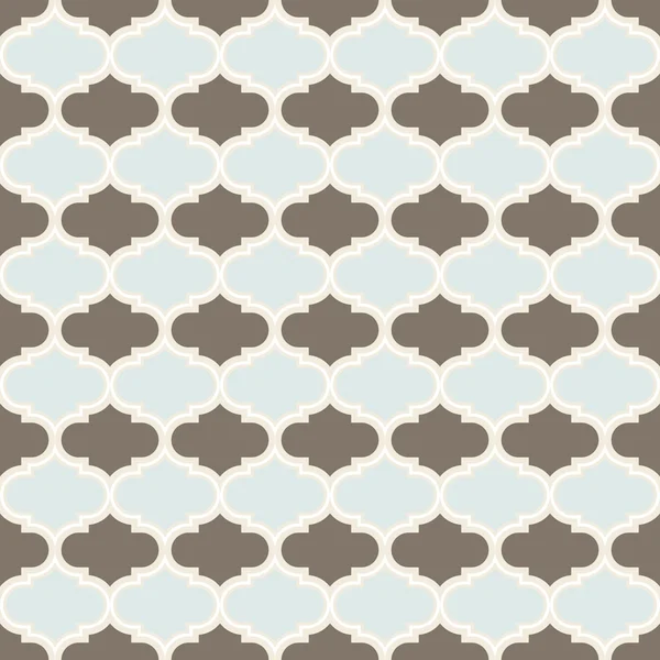 Delicate blue brown white retro shaped regular geometric elements in horizontal rows on beige background seamless pattern — Stock Vector