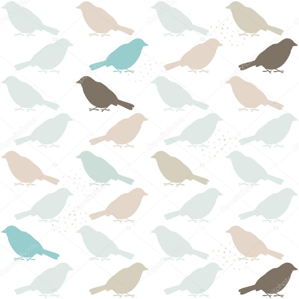 Delicate blue beige brown bird silhouette in regular rows on white background seamless pattern