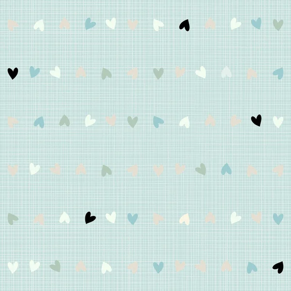 Delicate blue beige white brown hearts in horizontal rows little geometric elements on blue background seamless pattern — Stock Vector