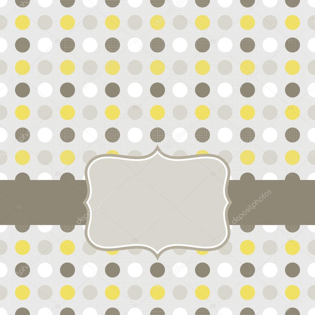 Colorful beige brown yellow white dots in regular rows geometrical seamless pattern on gray background with retro frame on dark ribbon scrapbook card background