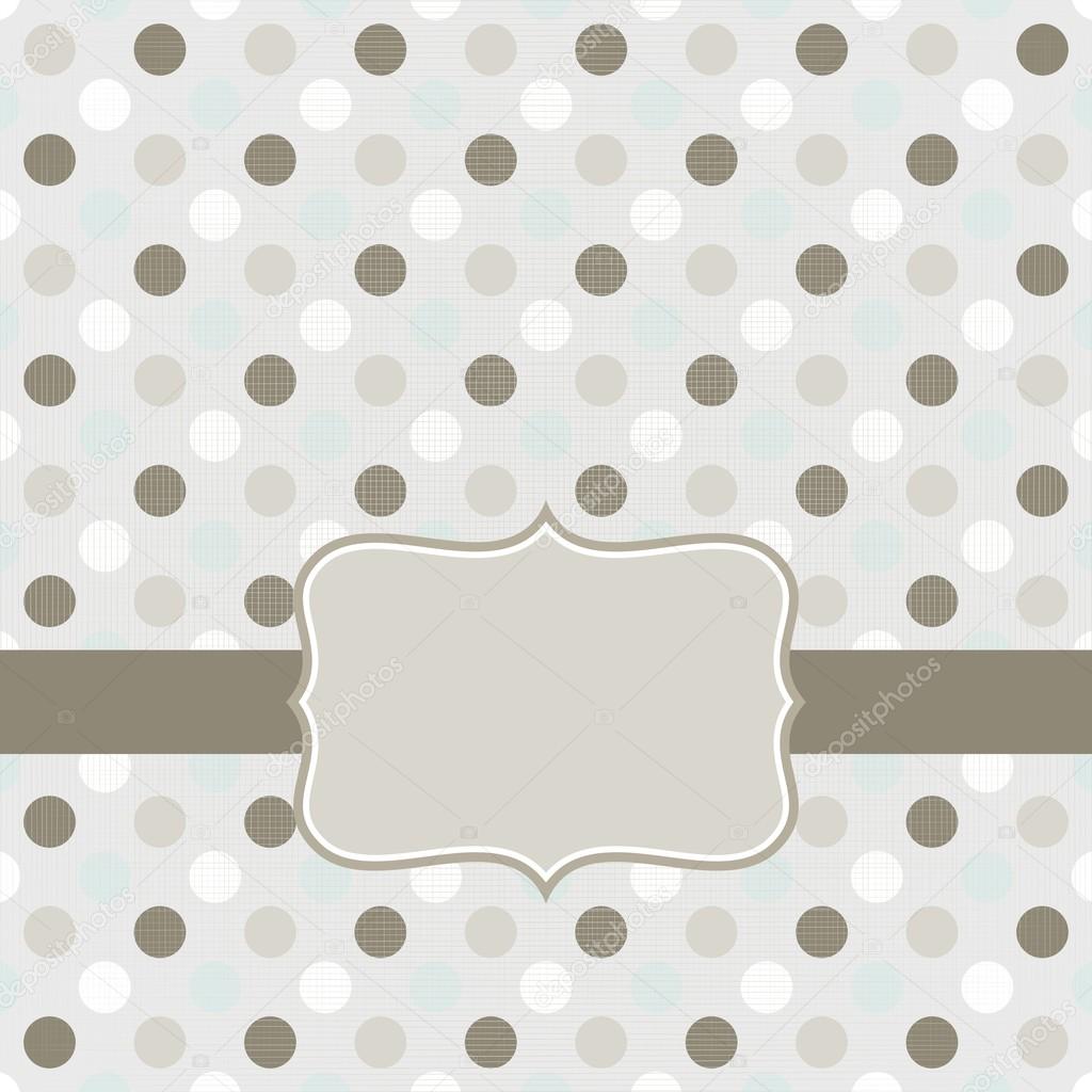 Colorful beige brown blue white dots in regular rows geometrical seamless pattern on gray background with retro frame on dark ribbon scrapbook card background