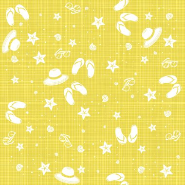 Seaside beach kabukları starfishes flop güneş gözlüğü yaz şapka hassas yaz tatili tek renkli Dikişsiz desen Sarı zemin üzerine çevirmek.