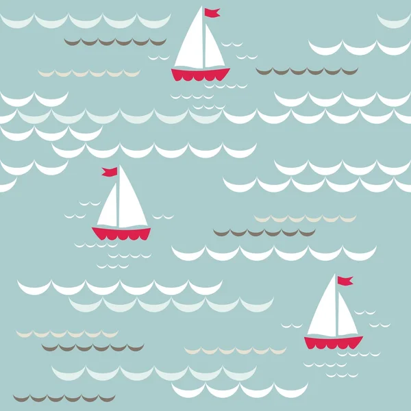 Red boats on blue brown beige white sea with delicate waves and summer holiday seamless pattern on blue background — Stock Vector