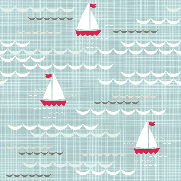 Bateaux rouges sur bleu brun beige mer blanche avec des vagues délicates vacances d'été motif sans couture sur fond à motifs bleus — Image vectorielle