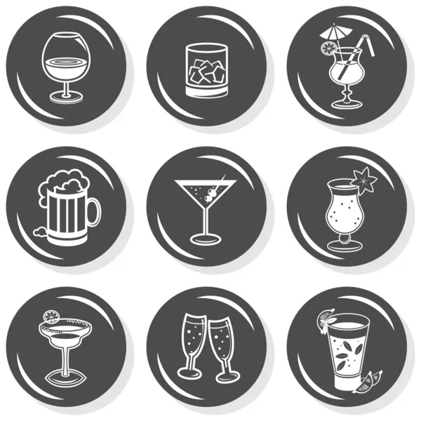 Party time drinks alcohol champagne wine beer cognac whiskey flat gray monochrome button set with shadow on white background — Stock Vector