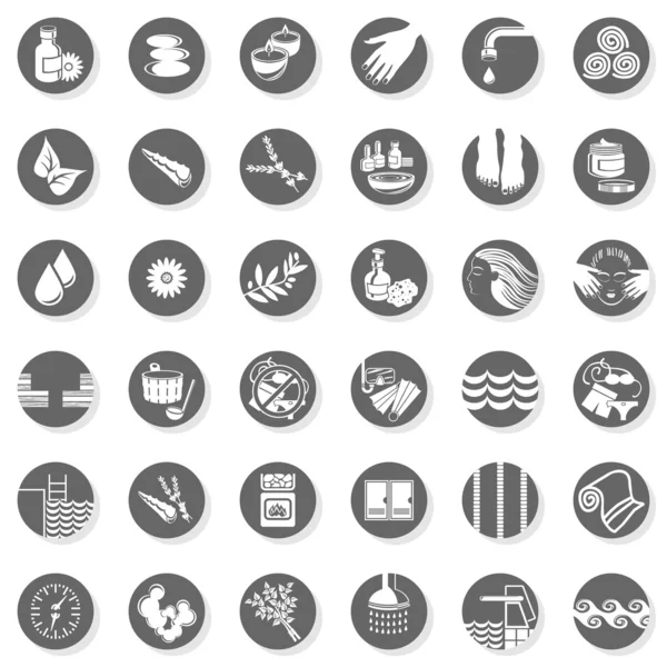 36 spa sauna pool relax body care monochrome isolated gray flat icon set with light shadow on white background — Stock Illustration 36 spa sauna pool relax body care monochrome isolated gray flat icon set with light shadow on white background Vector Graphics