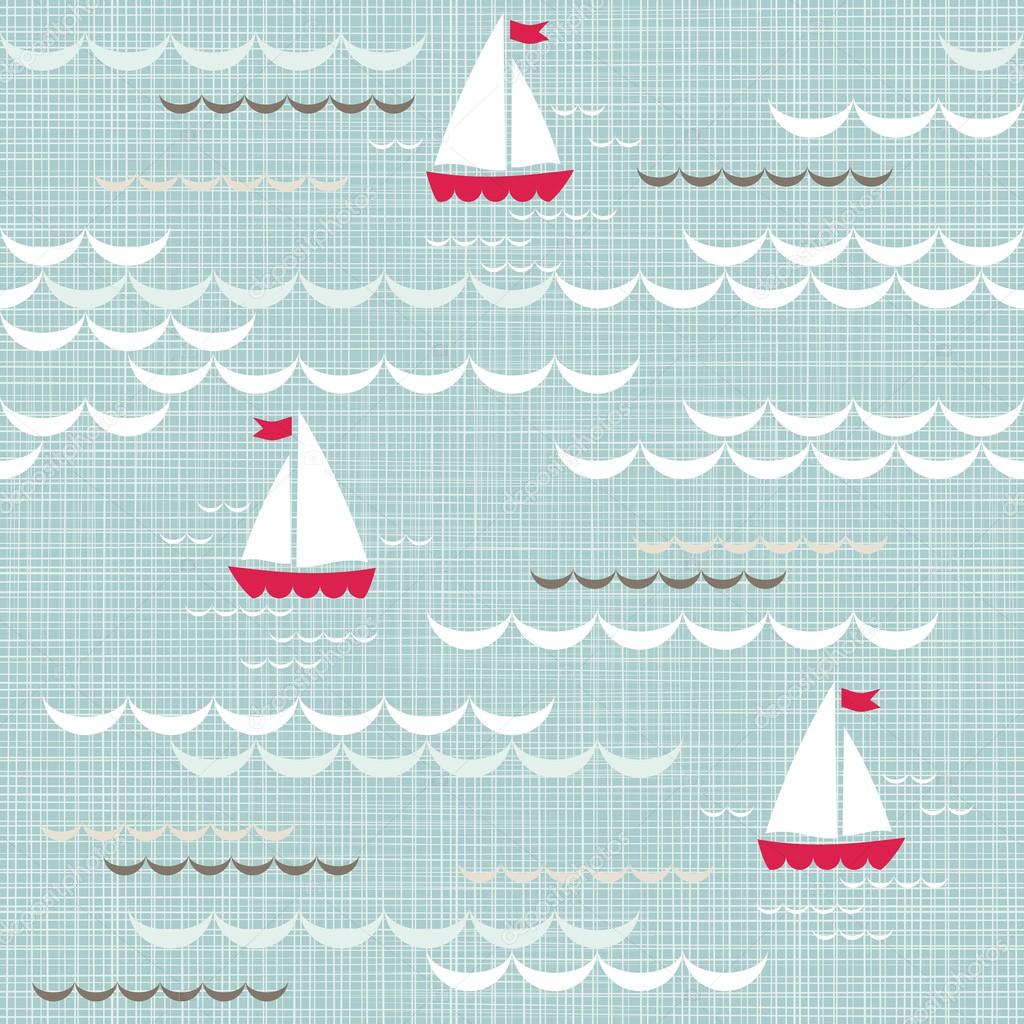 Red boats on blue brown beige white sea with delicate waves summer holiday seamless pattern on blue patterned background