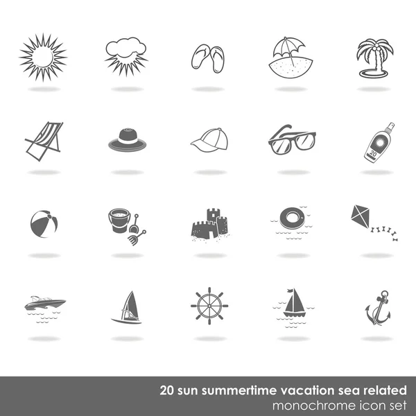 20 sun seaside beach summer holidays related monochrome icon set with light shadow on white background vector isolated elements — Stock Vector