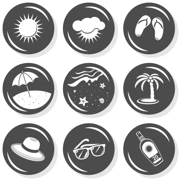Солнечные шлепанцы солнечные очки Пляжные пальмы шляпа солнце защитить прибрежные пляжные летние каникулы монохромная серая кнопка набор с легкой тенью на белом фоне векторные изолированные элементы — стоковый вектор