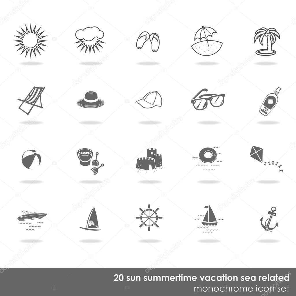 20 sun seaside beach summer holidays related monochrome icon set with light shadow on white background vector isolated elements