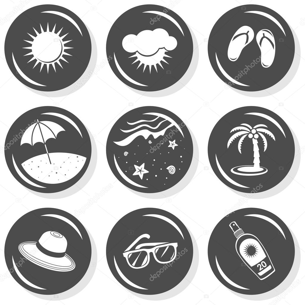 Sun flip flops sunglasses beach palm tree hat sun protect seaside beach summer holidays monochrome gray button set with light shadow on white background vector isolated elements