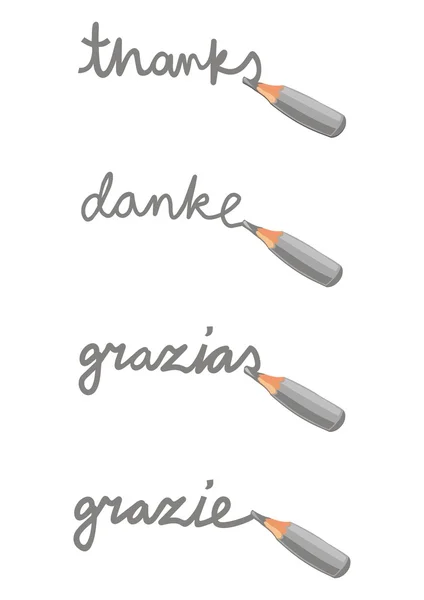 Monocromático lápis de cera graças grazie grazias danke inglês italiano espanhol alemão texto cartoon estilo ilustração com texto isolado e elementos de lápis sobre fundo branco — Vetor de Stock