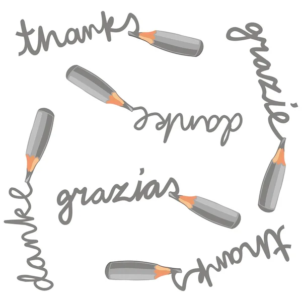 Crayons monochromes grâce grazie grazias danke anglais italien espagnol allemand texte dessin animé modèle sans couture sur fond blanc — Image vectorielle
