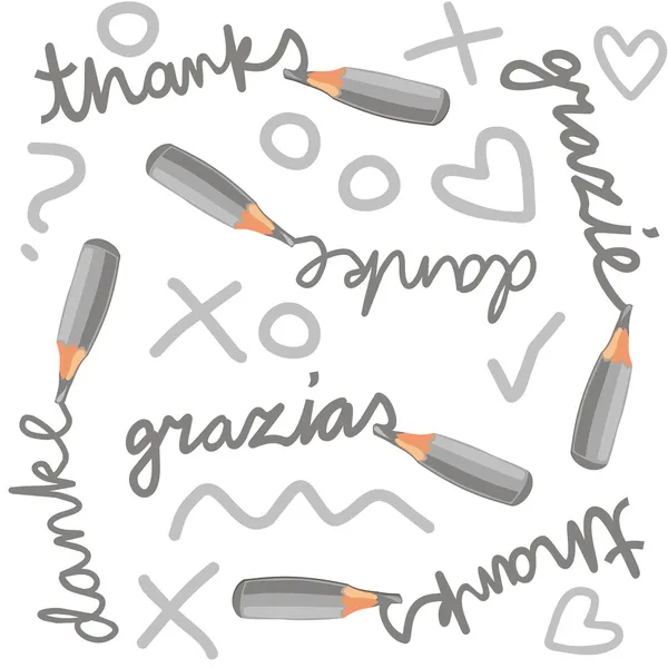 Lápis de cor monocromático graças grazie grazias danke inglês italiano espanhol alemão texto cartoon estilo sem costura padrão com elementos doodle cinza no fundo branco — Vetor de Stock