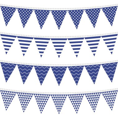 Dots stripes chevron triangles patterned flags on gray rope blue holiday celebration decoration bunting set colorful isolated elements on white background clipart