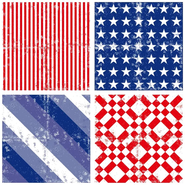 蓝色红色白色条纹的星级方形几何元素在水平和垂直行 grunge 无缝图案装饰背景设置 — 图库矢量图片