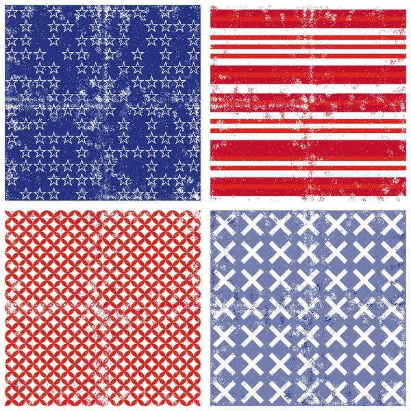 Blue red white star stripe cross geometric elements in horizontal rows grunge seamless pattern decoration background set — Stock Vector