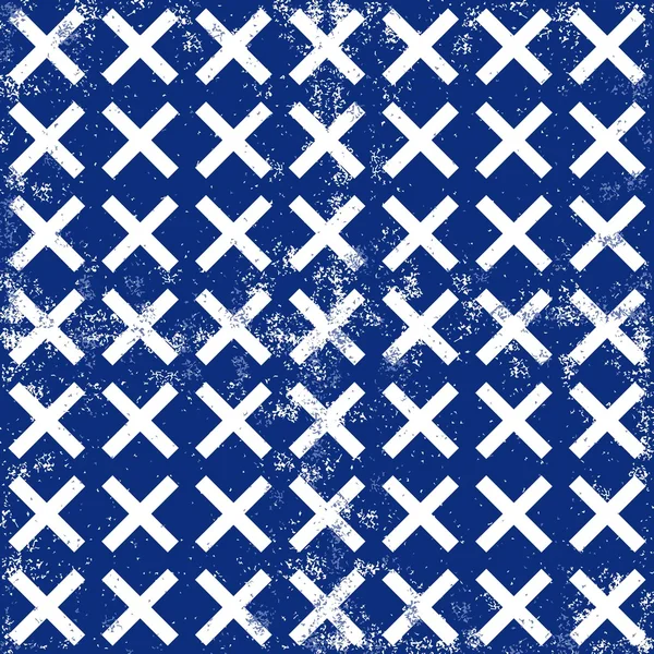 Weiße Kreuzelemente in regelmäßigen horizontalen und vertikalen Reihen auf dunkelblauem Hintergrund grunge geometrisches nahtloses Muster — Stockvektor