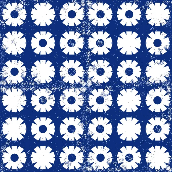 White flower shaped elements in regular horizontal and vertical rows on dark blue background grunge geometric seamless pattern — Stock Vector