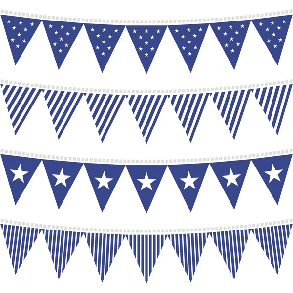 Star and stripes patterned triangle shaped flags blue bunting set — Stock Vector