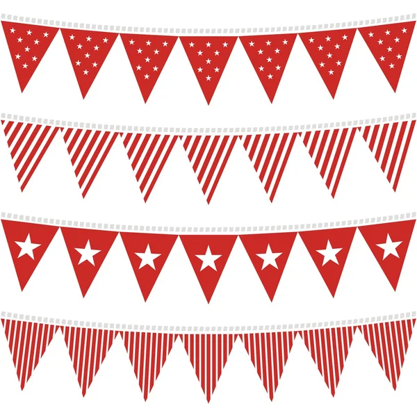 Estrela e listras estampadas bandeiras em forma de triângulo conjunto de bunting vermelho — Vetor de Stock