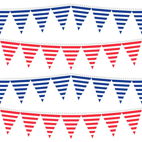 Horisontella ränder mönstrade flaggor på grå rep blå och röda semester fest dekoration bunting seamless mönster på vit bakgrund — Stock vektor
