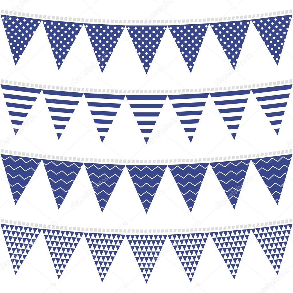 Dots stripes chevron triangles patterned flags on gray rope blue holiday celebration decoration bunting set colorful isolated elements on white background