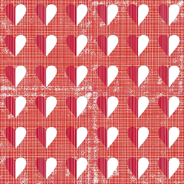 Little white and red hearts in rows on dark red background grunge regular geometric seamless pattern — Stock Vector