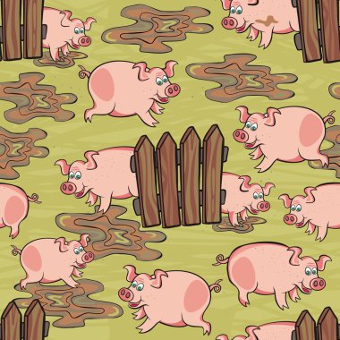 mutlu pembe pis domuz üzerinde dağınık yeşil renkli hayvan yaban hayatı seamless modeli çalıştırmak