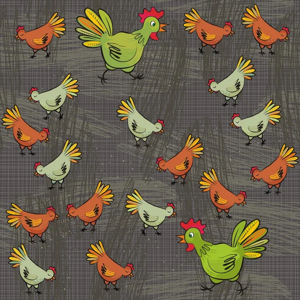 Chicken farm green and brown hens free run animal wildlife illustration on dark background — Stok Vektör