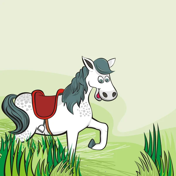 Cavalo branco feliz livre executado no verão ensolarado dia animal farm vida ilustração sobre fundo verde —  Vetores de Stock