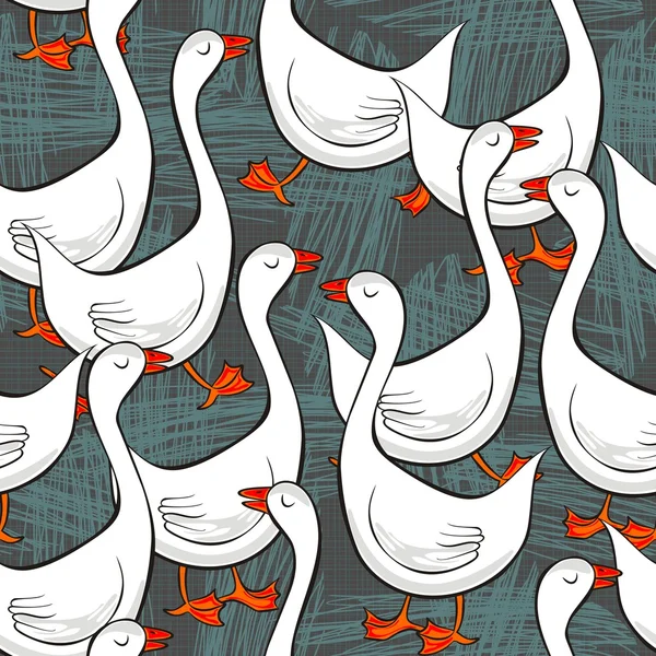 Blanc gooses free run sur ensoleillé jour d'été animal ferme vie illustration sur fond gris foncé désordonné motif sans couture — Image vectorielle