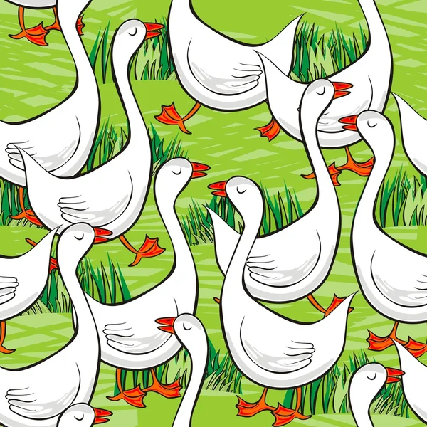 White gooses free run on sunny summer day animal farm life illustration on green messy background seamless pattern — Stock Vector