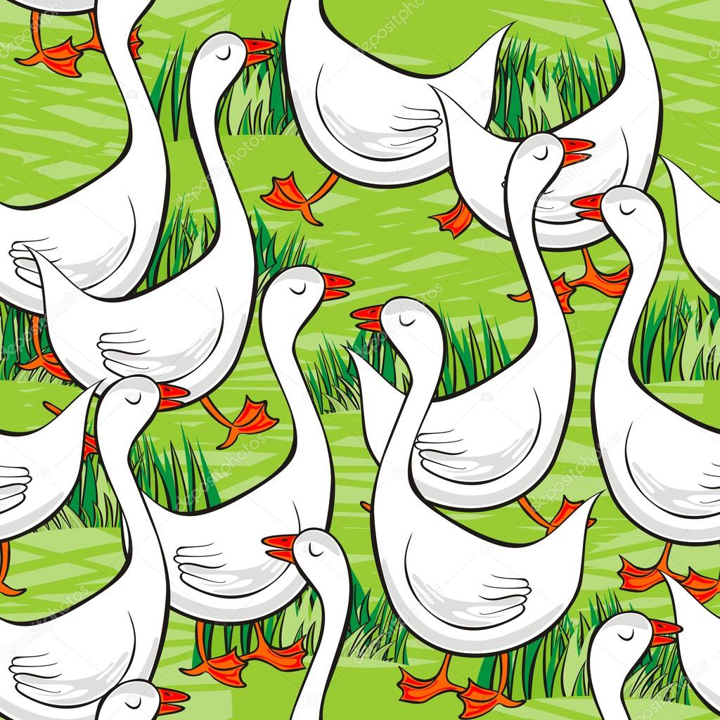 White gooses free run on sunny summer day animal farm life illustration on green messy background seamless pattern