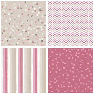 White pink gray blue little dotted flowers chevron stripes on light background romantic floral geometric seamless pattern set clipart