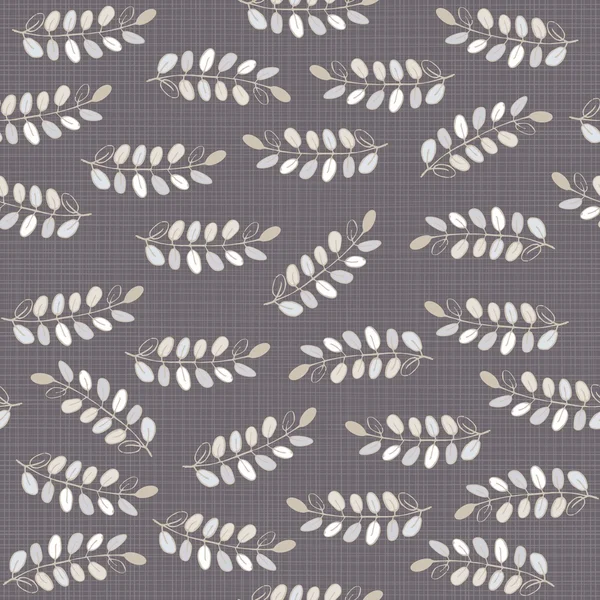 White gray blue messy acacia leaves on dark gray background romantic botanical seamless pattern — Stock Vector