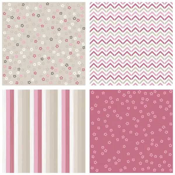 White pink gray blue little dotted flowers chevron stripes on light background romantic floral geometric seamless pattern set — Stock Vector