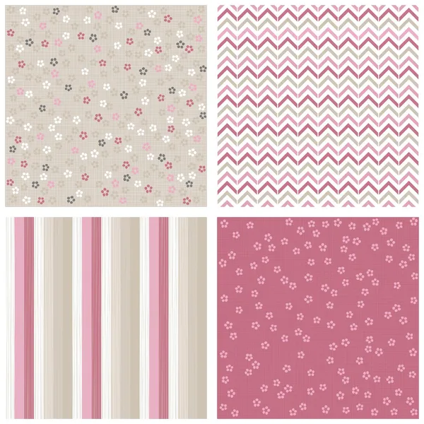 Blanco rosa gris azul pequeñas flores punteadas rayas chevron sobre fondo claro romántico floral geométrico inconsútil patrón conjunto — Archivo Imágenes Vectoriales