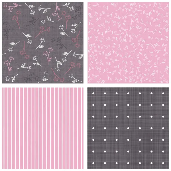 Pink white gray blue colorful border flowers with leaves dots and stripes on dark and pink background romantic floral geometric seamless pattern set — Stock Vector